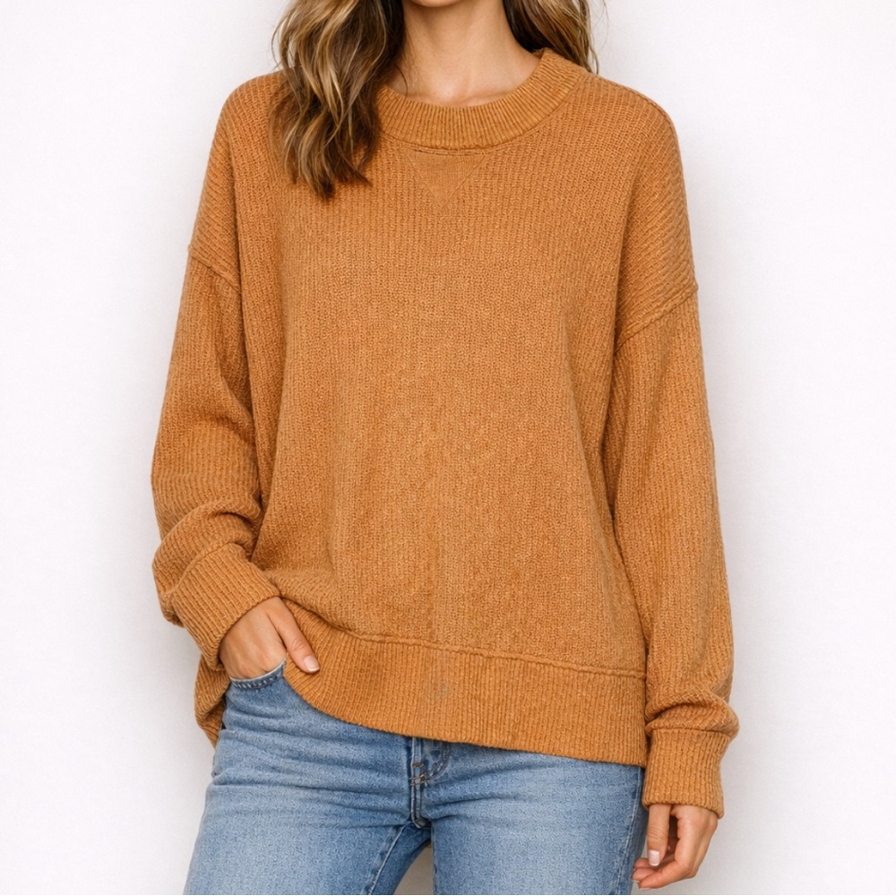 Aerie Oversized Crewneck Sweater M Camel Brown Cotton Blend Slouchy Cozy Knit